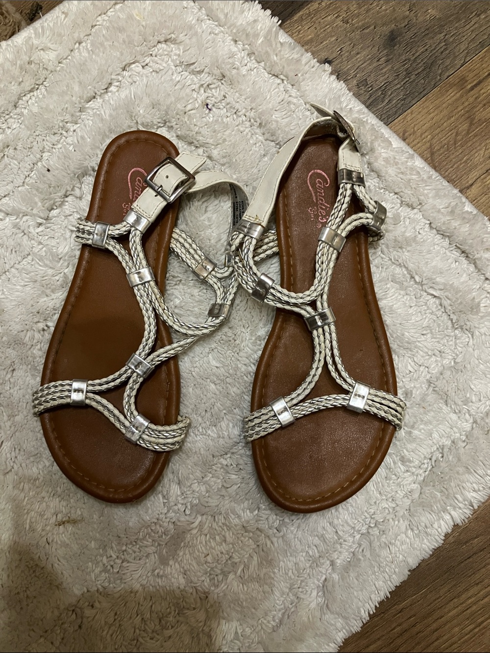 Candie's Braided Silver T-Strap Sandals with Brown Footbed